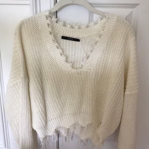 Frayed white cropped sweater
